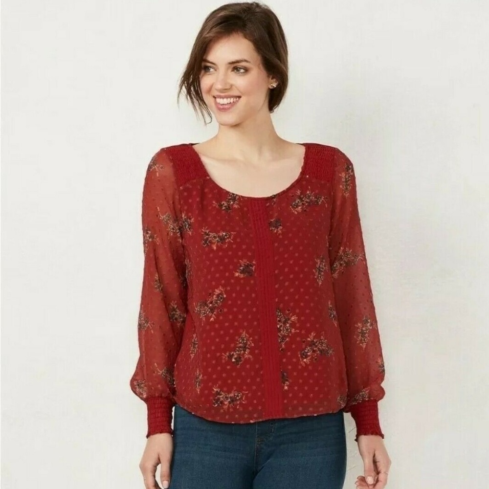Lauren Conrad Swiss Dot Smocked Blouse Floral XS
